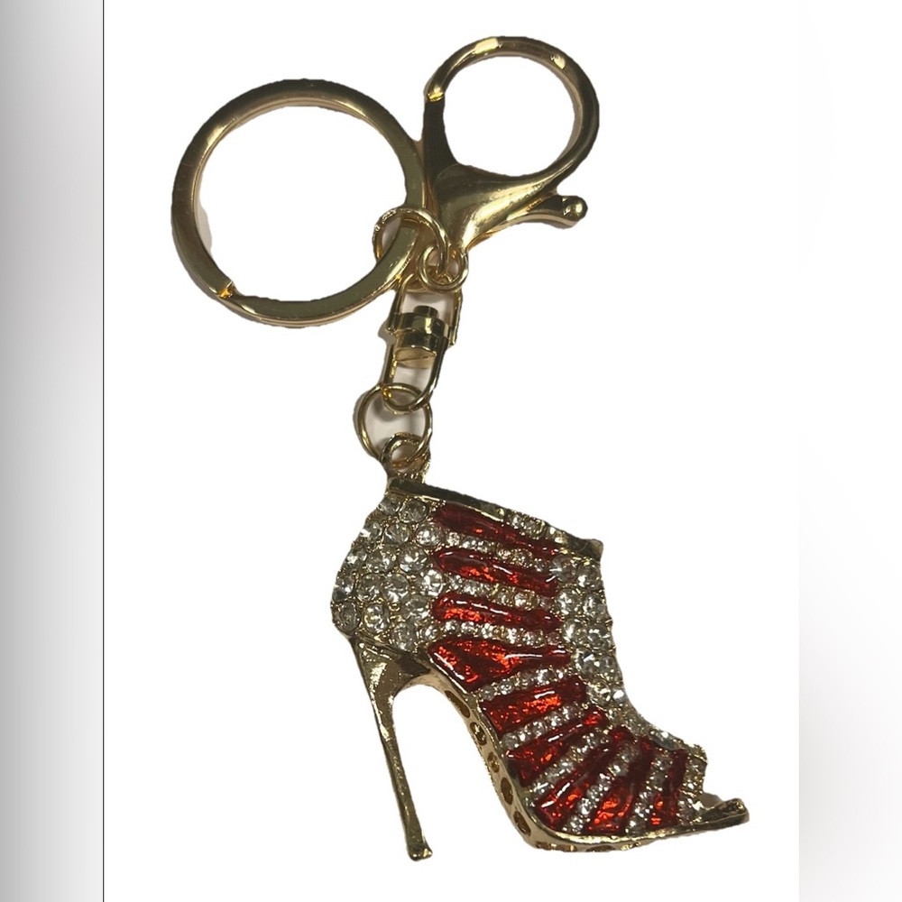 NIB Stiletto High Heel Keychain Crystal Purse Charm Red & Gold